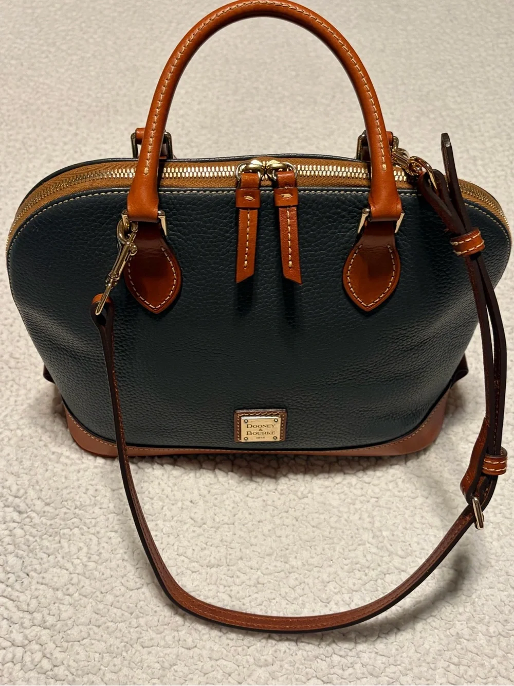 Dooney & Bourke Gray and Tan Pebbled Leather Dome Satchel